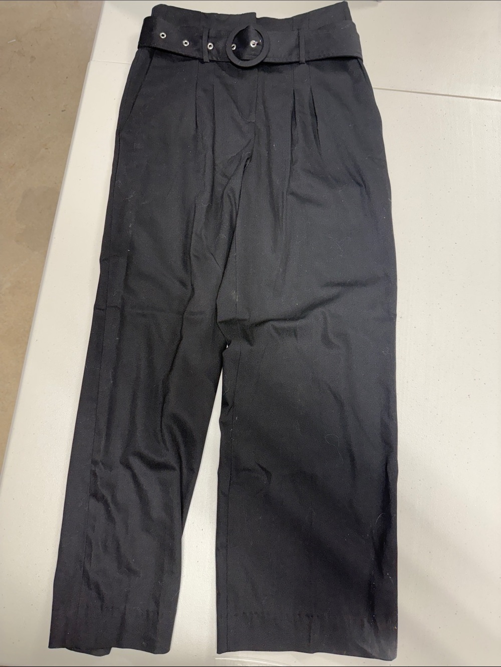High-Rise Black Wide-Leg Pants with Fabric Belt